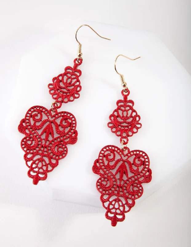 Large hoop earrings-Red Filigree Leaf Earrings