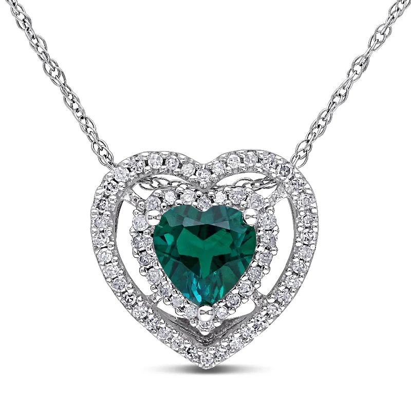 Raised disc necklaces-Miadora 10k White Gold Created Emerald and 1/5ct TDW Diamond Heart Necklace (H-I, I2-I3) - Green