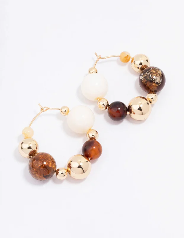 Astro charm earrings-Gold Chunky Neutral Beaded Hoop Earrings