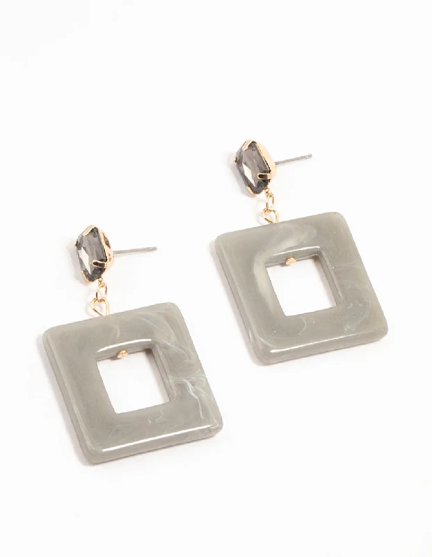 Tiny heart earrings-Grey Acrylic Cutout Square Drop Gold Earrings