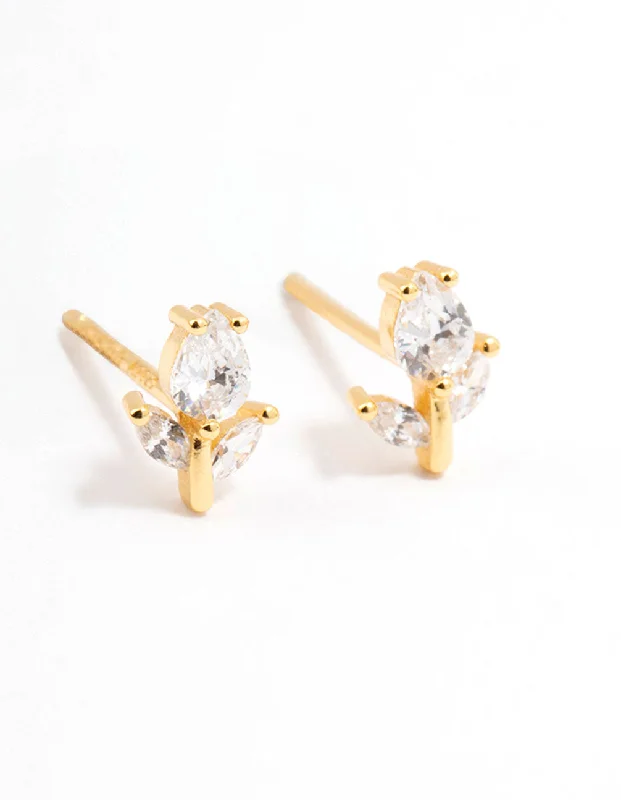 Fine star earrings-Gold Plated Sterling Silver Cubic Zirconia Flower Stem Stud Earrings