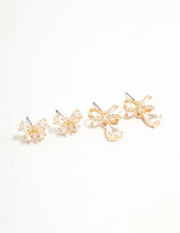 Petal hoop earrings-Gold Cubic Zirconia Bow Stud Earrings 2-Pack