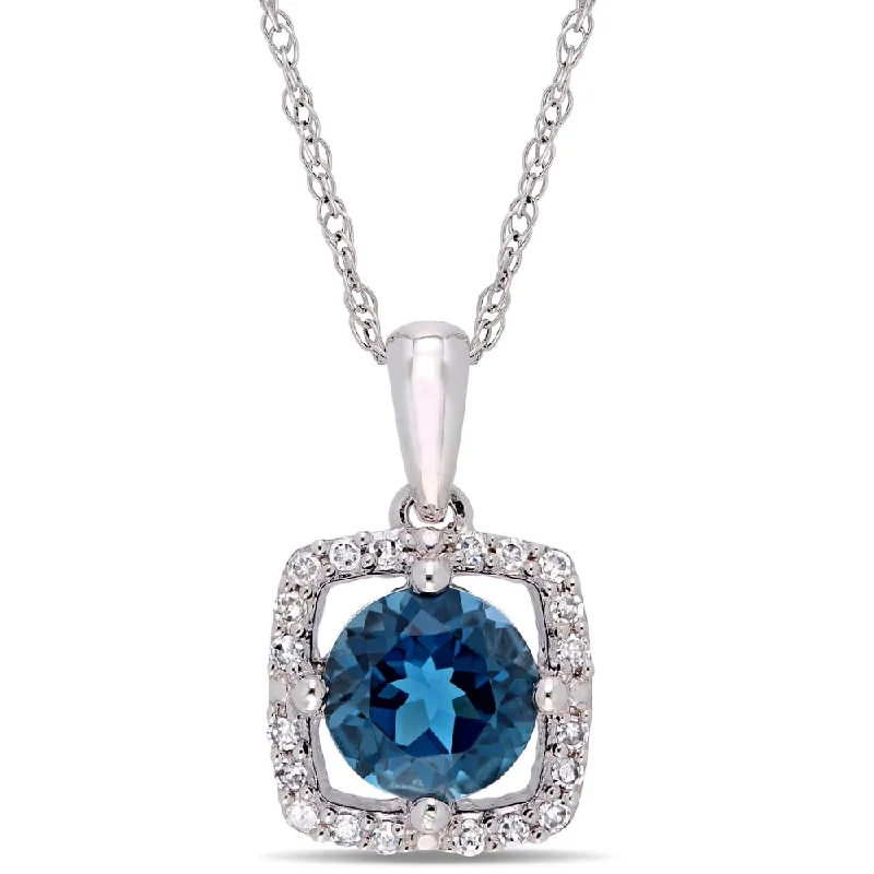 Full moon necklaces-Miadora 10k White Gold London-Blue Topaz and 1/10ct TDW Diamond Floating Square Halo Dangle Necklace