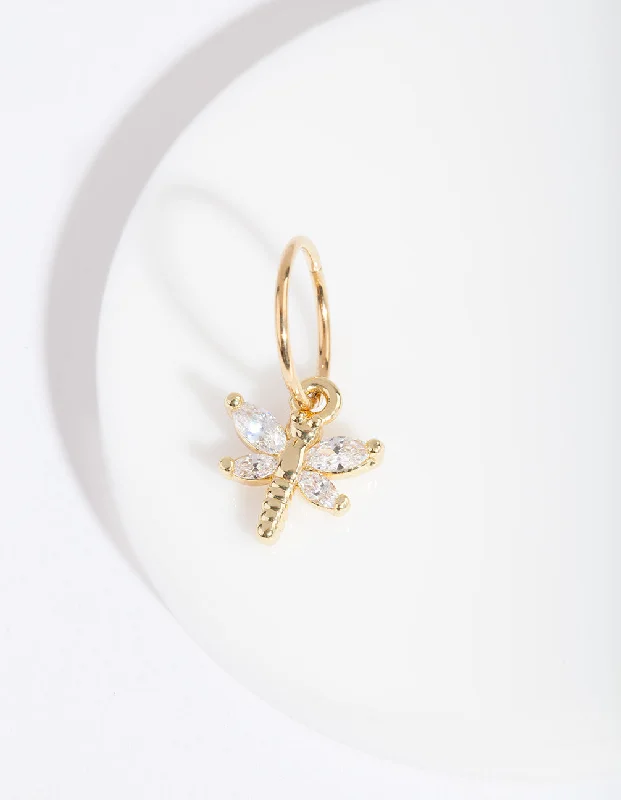 Leaf motif earrings-Gold Surgical Steel Cubic Zirconia Dragonfly Clicker Earring