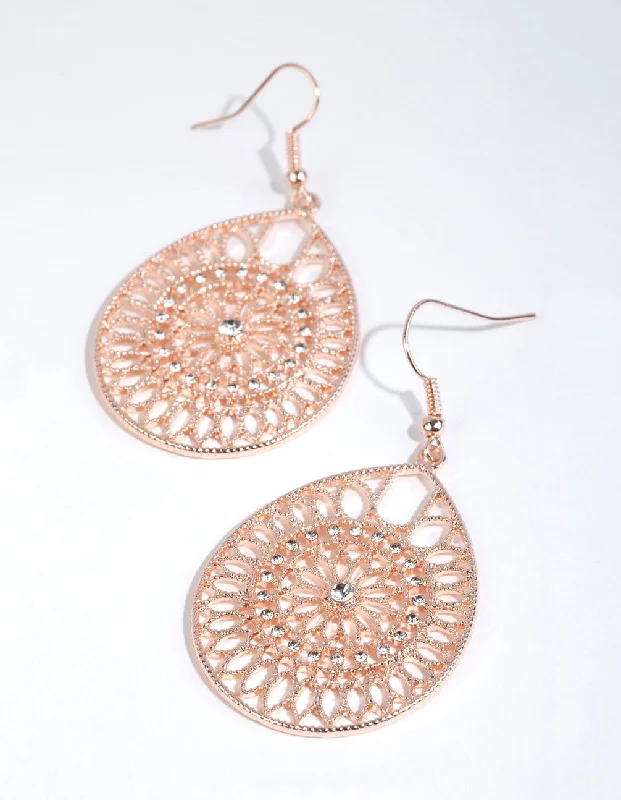 Swirl shape earrings-Rose Gold Diamante Filigree Teardrop Earrings