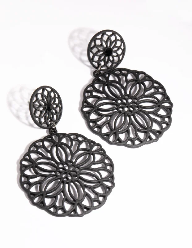 Fine star earrings-Matte Black Filigree Drop Earrings