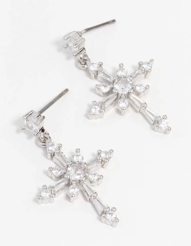 Deco style earrings-Silver Cubic Zirconia Cross Drop Earrings