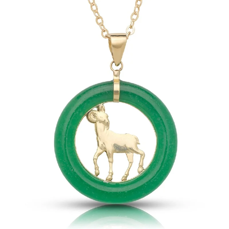 Ruby stone necklaces-Curata 14k Yellow Gold 18" Dyed Green Jade Lucky Ram Circle Pendant Necklace (28mm x 34mm) - 28mm x 34mm