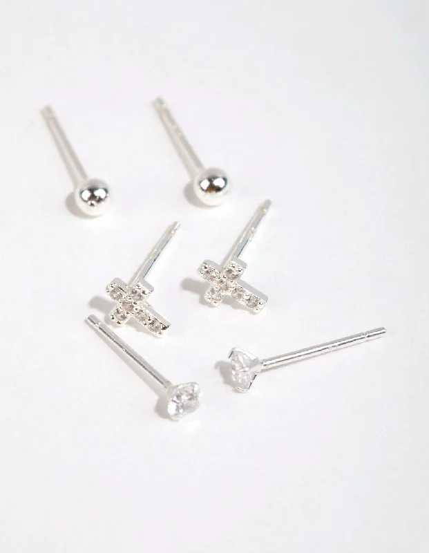 Crystal-twisted earrings-Sterling Silver Cross & Diamante Stud Earring Pack