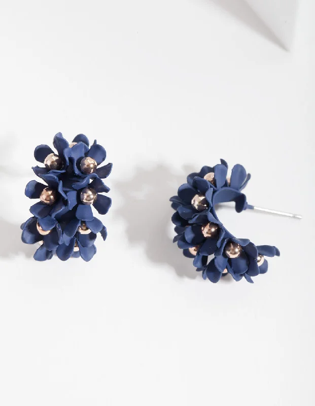 Wide hoop earrings-Blue Mini Cluster Flower Hoop Earrings