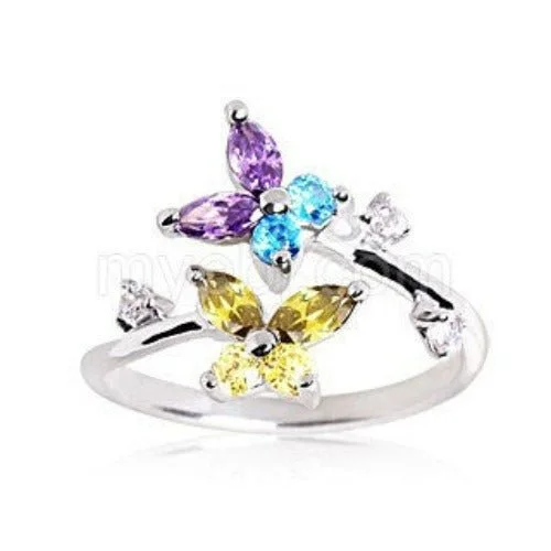 Beaded rim engagement rings-.925 Sterling Silver Multi Color CZ Butterflies Toe Ring