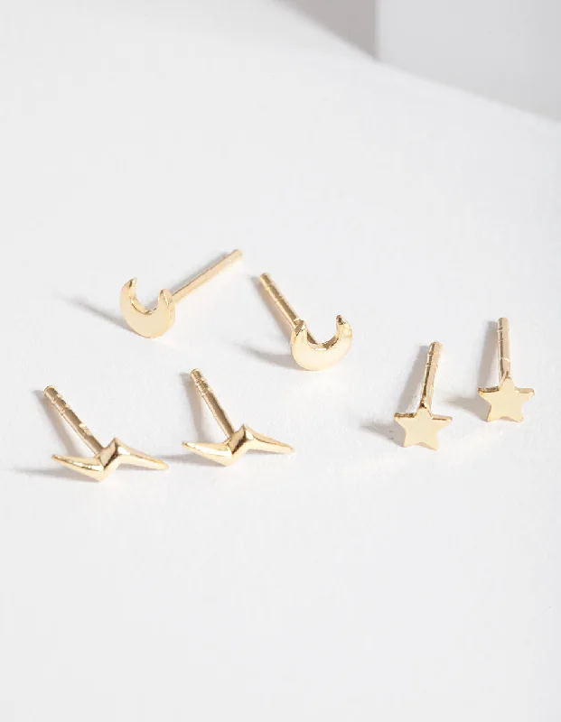 Wide tier earrings-Gold Plated Sterling Silver Celestial Stud Earrings Trio