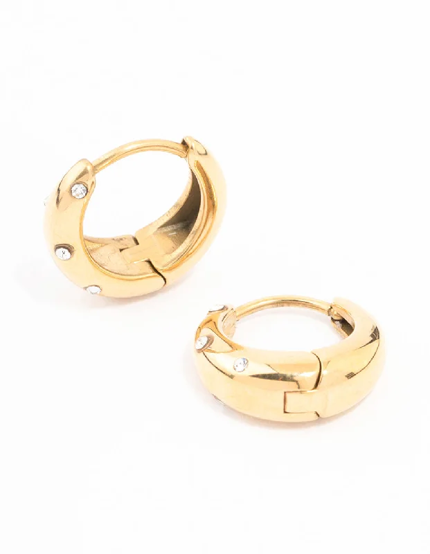 Bright stud earrings-Waterproof Gold Plated Stainless Steel Crystal Huggie Hoop Earrings