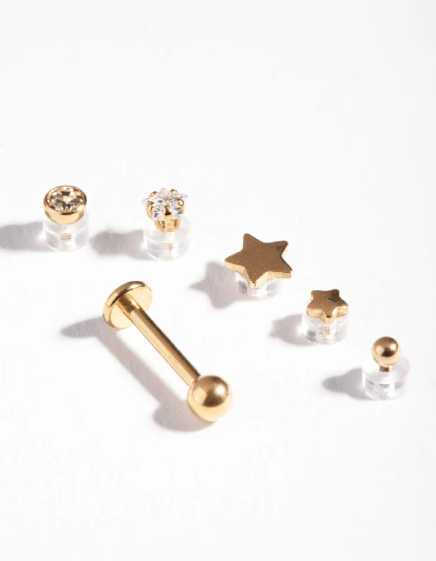 Shiny gold earrings-Gold Surgical Steel Star Flat Back 6-Pack