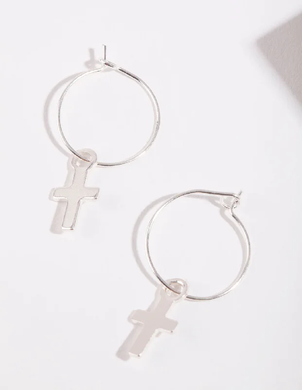 Agate drop earrings-Silver Cross Hoop Earrings