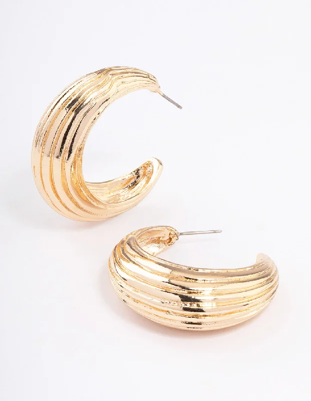 Fine star earrings-Gold Textured Puffy Hoop Earrings