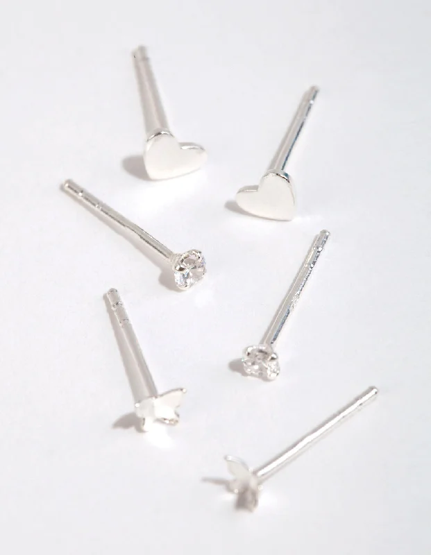 Wide hoop earrings-Sterling Silver Heart & Butterfly Stud Earring Pack