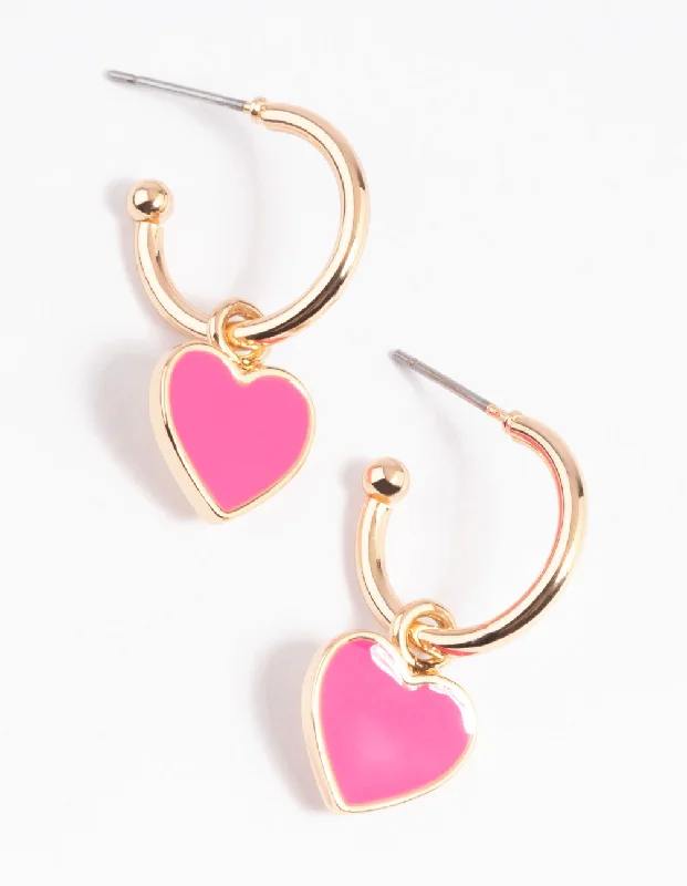 Pink gold earrings-Pink Heart Huggie Hoop Earrings