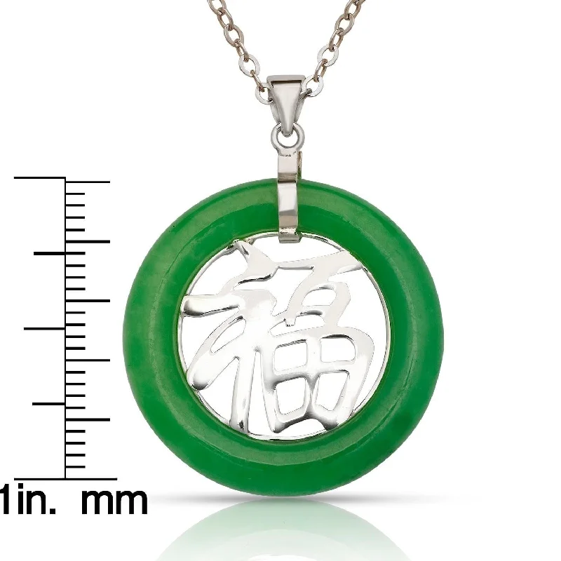 Zodiac charm necklaces-Curata 925 Sterling Silver 18" Mens Green Jade Large Good Luck Circle Necklace - 30x43mm