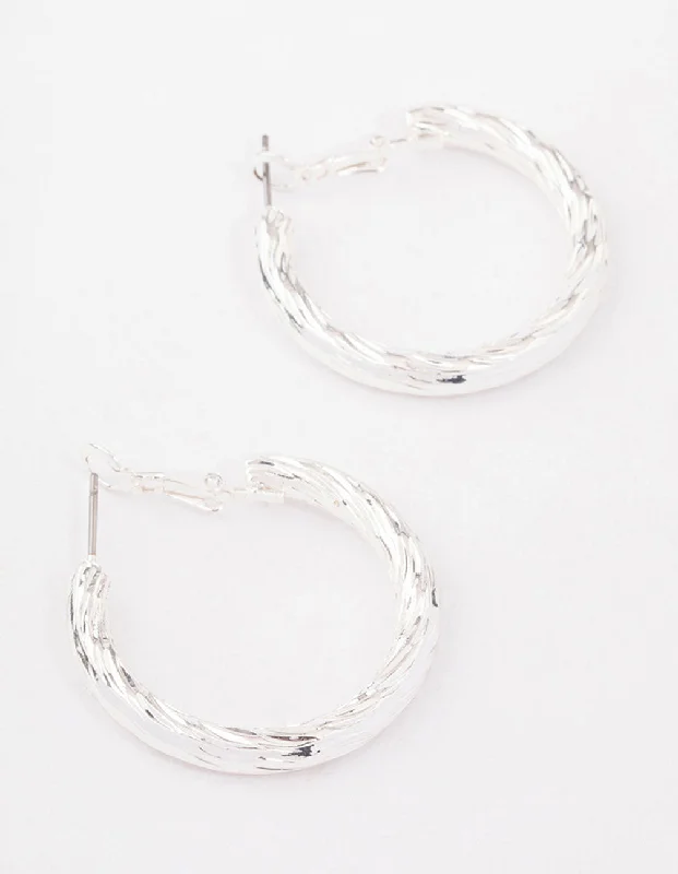 Bead braid earrings-Silver Fine Line Textured Hoop Earrings