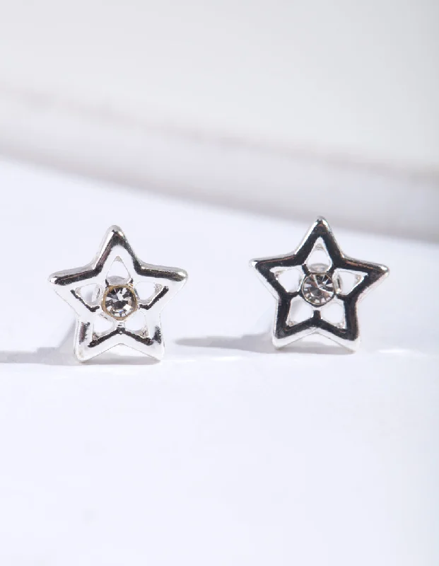 Shiny gold earrings-Silver Diamante Star Stud Earrings