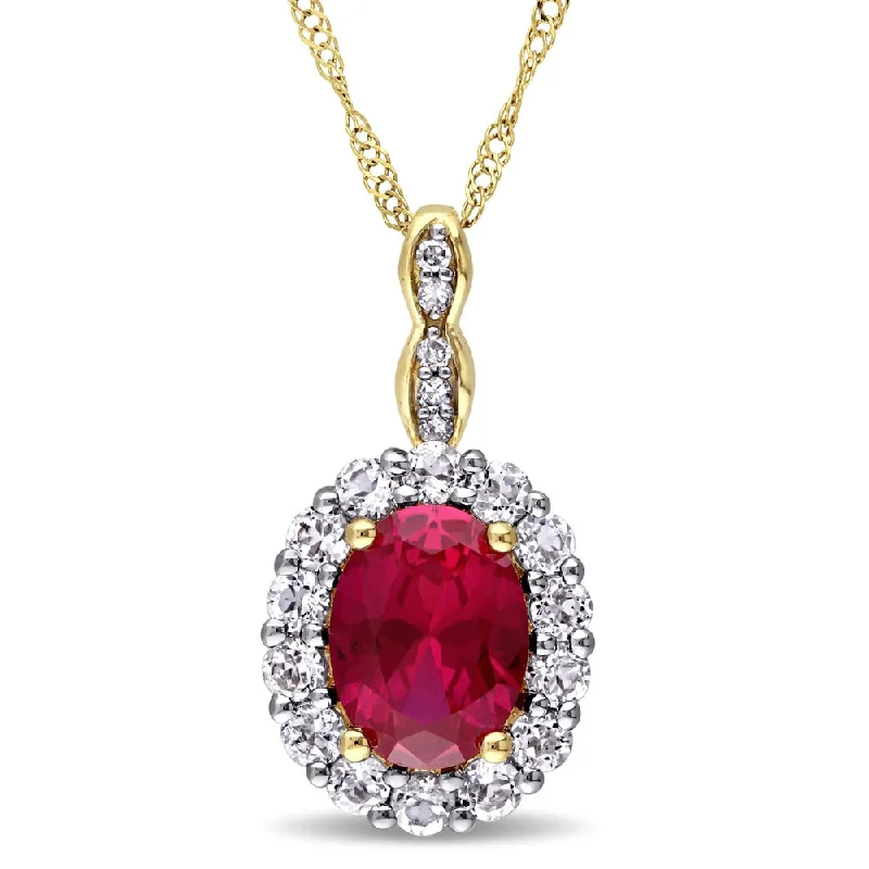 Vine weave necklaces-Miadora 14k Yellow Gold Oval-cut Created Ruby, White Topaz and Diamond Accent Halo Drop Necklace (G-H, I1-I2) - Red