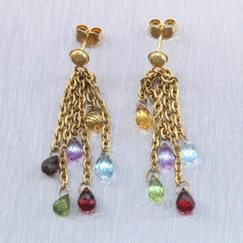 Patina brass earrings-Modern 18k Yellow Gold Multi Gemstone Briolette Dangle Earrings