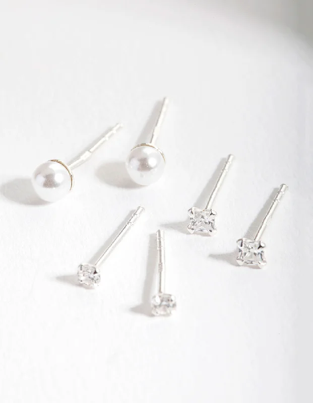 Pure stud earrings-Sterling Silver Cubic Zirconia Pearl Stud Earring Pack