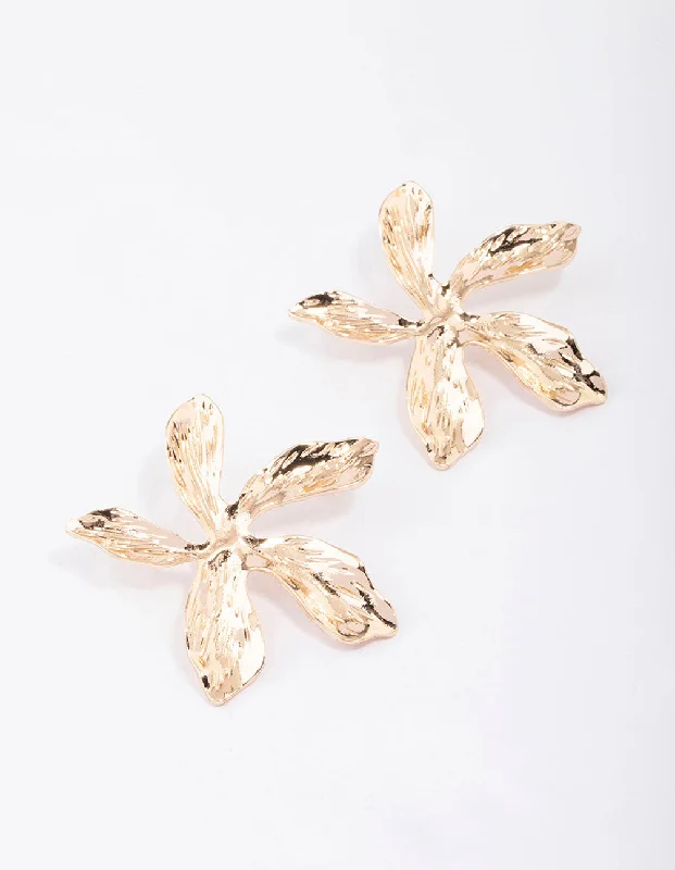 Thin bead earrings-Gold Large Flower Stud Earrings