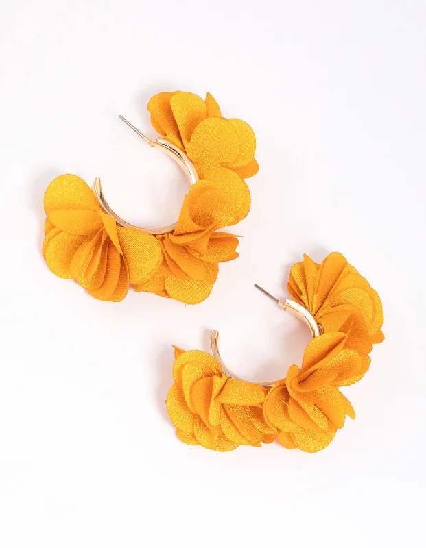 Nomad braid earrings-Gold & Yellow Fabric Flower Hoop Earrings