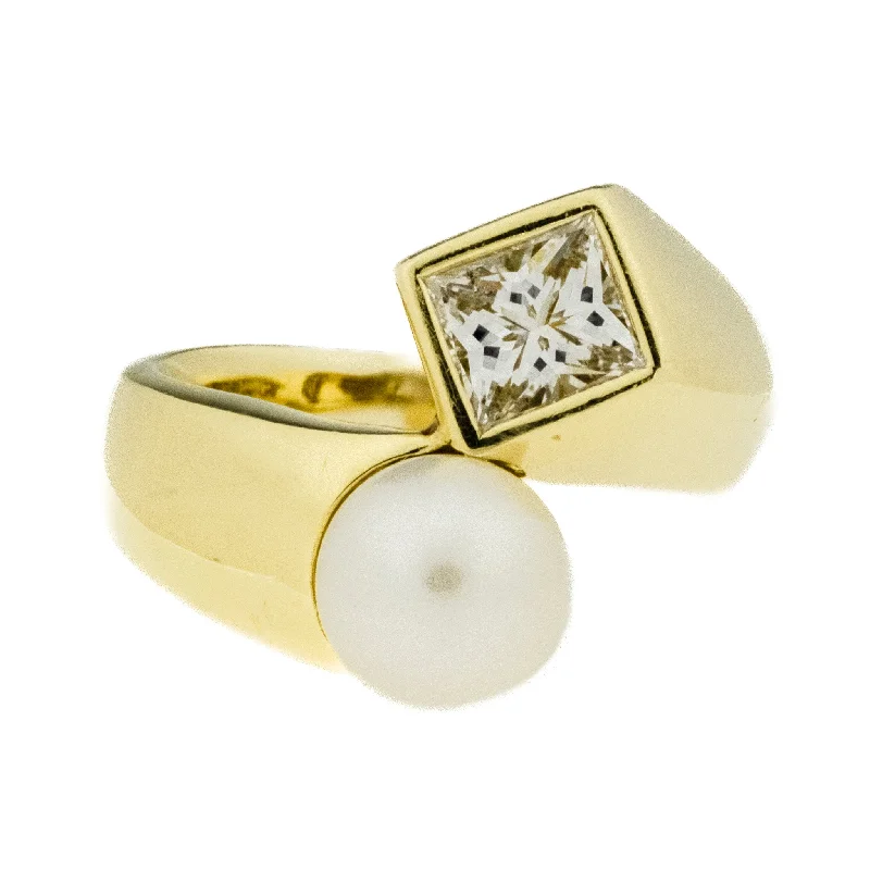 Polished bead engagement rings-8mm White Cultured Pearl & 1.00ct Princess Cut Diamond in 18K Yellow Gold Ring - Size 6.25