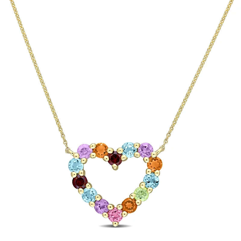 Baroque pearl necklaces-Miadora Multi-Color Gemstone Open Heart Station Necklace in 10k Yellow Gold