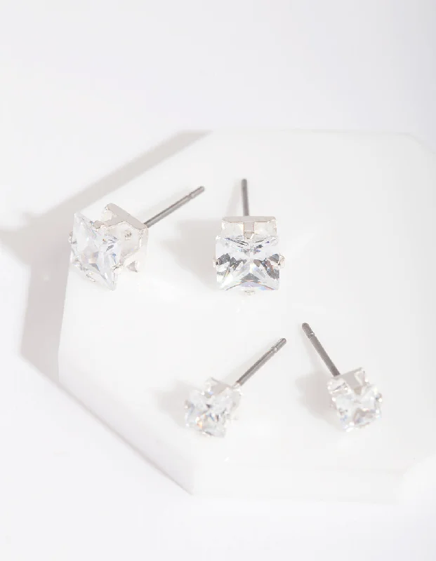 Cotton cord earrings-Silver Cubic Zirconia Square Stud Earring Pack