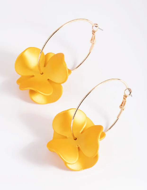 Coiled cord earrings-Matte Yellow Flower Hoop Earrings