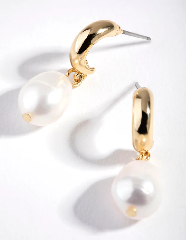 Tiny dot earrings-Gold Freshwater Pearl Huggie Hoop Earrings