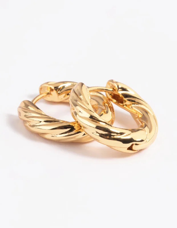 Retro clip earrings-Gold Plated Twisted Huggie Hoop Earrings