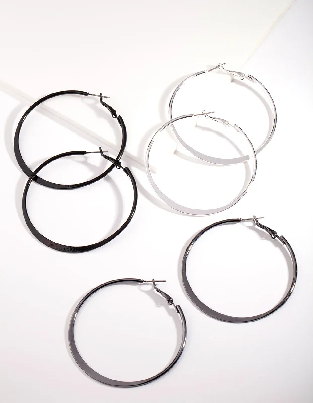 Vintage flair earrings-Silver Flat Edge Hoop Earring Pack