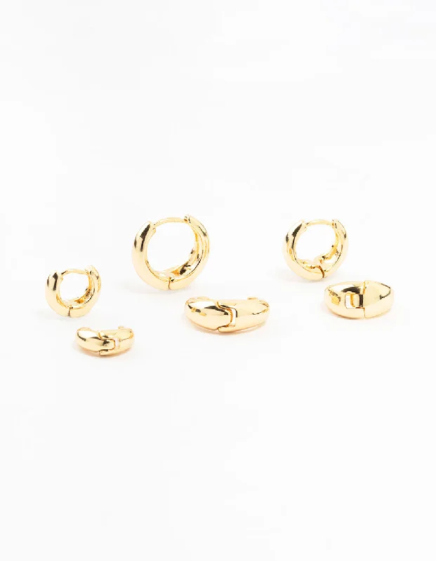 Tiny heart earrings-Gold Plated Clean Hoop Earrings 3-Pack