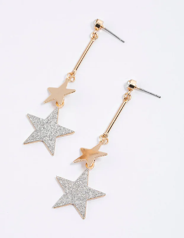 Shiny gold earrings-Gold Glitter Double Silver Star Drop Earrings