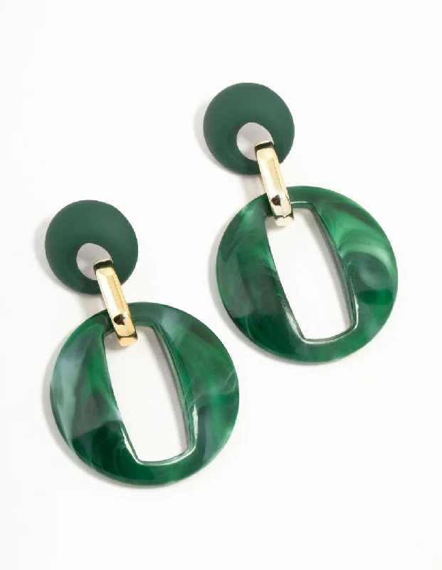 Vivid gem earrings-Green Acrylic Double Round Link Drop Earrings