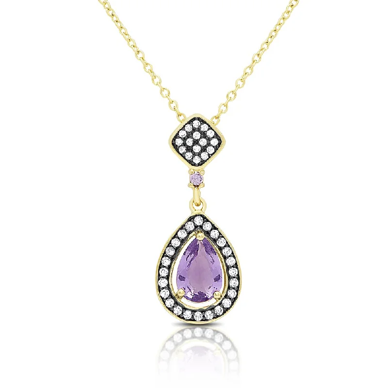 Twist clasp necklaces-Samantha Stone Gold Over Sterling Silver Simulated Amethyst and Cubic Zirconia Teardrop Necklace