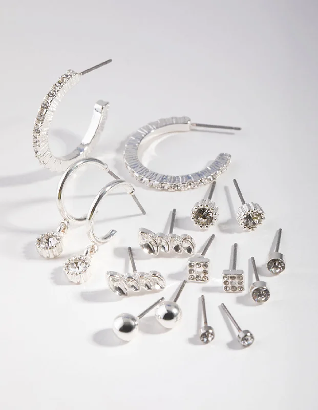 Large hoop earrings-Silver Plain Diamante Stud Earring 8-Pack