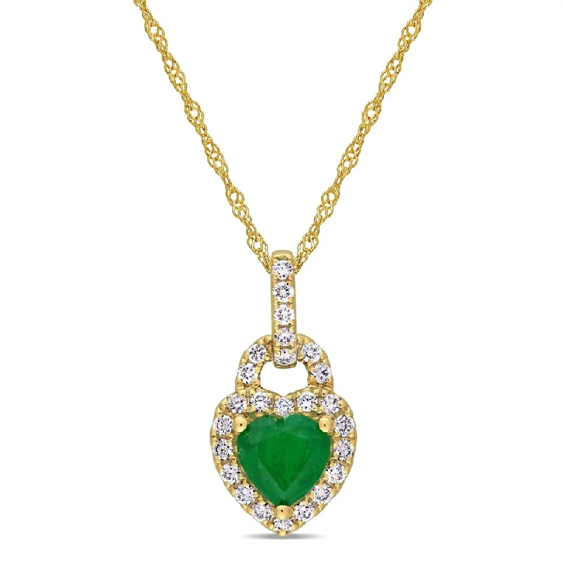 Vibrant enamel necklaces-Miadora 14k Yellow Gold Emerald & 1/4ct TDW Diamond Halo Heart Necklace