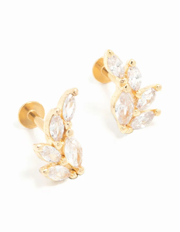 Topaz stud earrings-Gold Plated Surgical Steel Marquise Cubic Zirconia Crawler Flat Backs