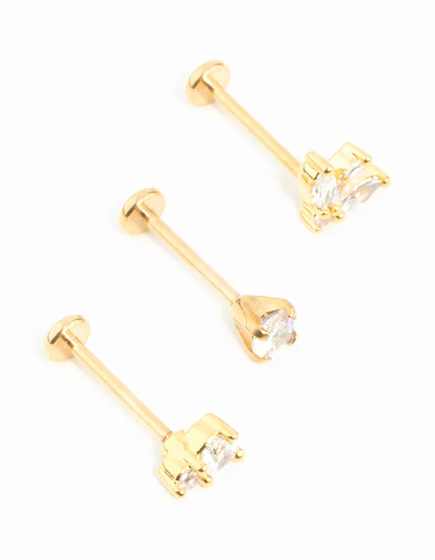 Onyx gem earrings-Gold Plated Surgical Steel Double Cubic Zirconia Flat Backs 3-Pack