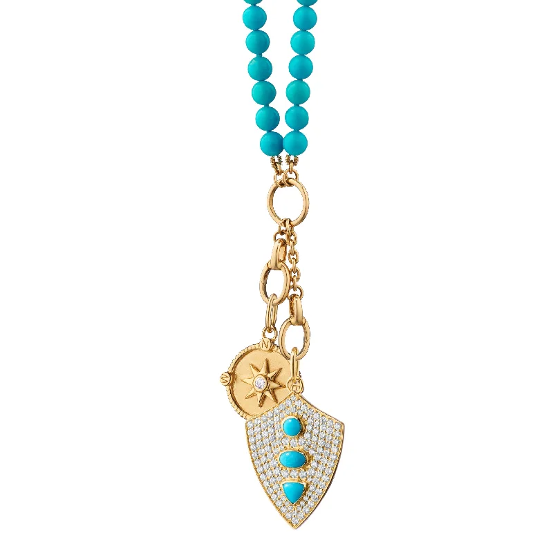 Vibrant enamel necklaces-“Fearless” Turquoise and Pave Diamond Shield and “Adventure” Mini Compass Charm Necklace