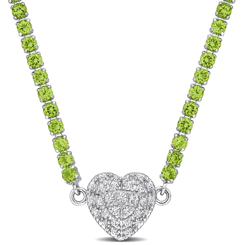 Pure crystal necklaces-Miadora 12 7/8ct TGW Peridot Created White Sapphire Heart Necklace in Sterling Silver-17 in