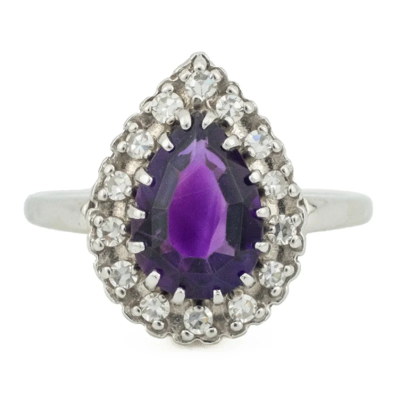 Tiny wing engagement rings-3.30ctw Pear Purple Amethyst w/ Diamond Accents Gemstone Ring in 14K White Gold