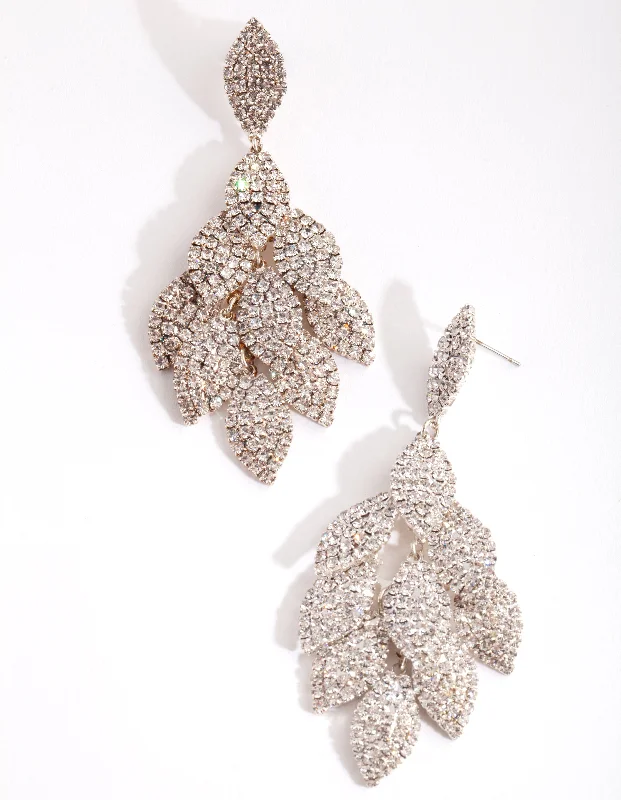 Victorian style earrings-Silver Diamante Multi-Leaf Drop Earrings