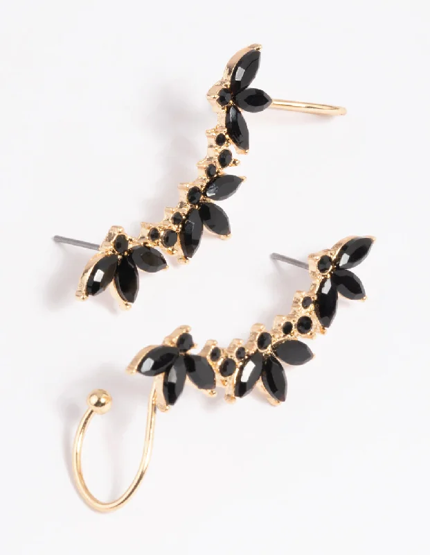 Thin bead earrings-Black Diamante Leaf Ear Cuff